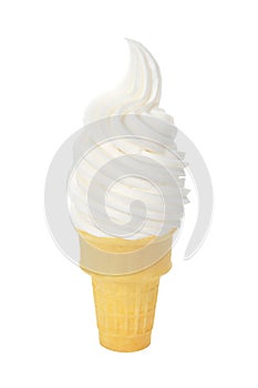 Vanilla Soft Serve Ice Cream in Wafer Cone on White Background