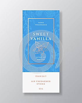 Vanilla Spice Home Fragrance Abstract Vector Label Template. Hand Drawn Sketch Flowers, Leaves Background and Retro