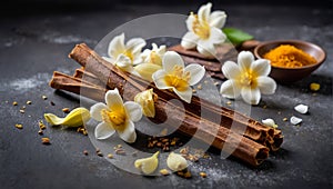 Vanilla sticks flowers background aromatic natural flavoring photo