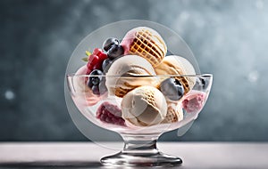 Vanilla, strawberry and chocolate ice cream scoops with wafer stick in sundae bowl or ice cream in sundae This photo was