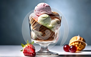 Vanilla, strawberry and chocolate ice cream scoops with wafer stick in sundae bowl or ice cream in sundae This photo was