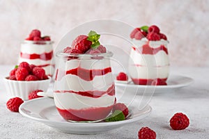 Vanilla white chocolate mousse, trifle, panna cotta or parfait with raspberry sauce in a glass jar. Sweet summer dieting dessert