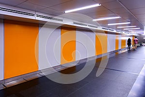 Vanishing perspective view of pedestrian underpass tunnel with empty walls, blank billboard spaces. Visual for ad placements,