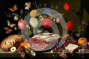 vanitas still-life flowers butterflies ham meat bread