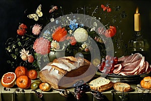 vanitas still-life flowers butterflies ham meat bread