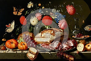 vanitas still-life flowers butterflies ham meat bread