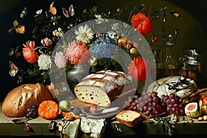 vanitas still-life flowers butterflies ham meat bread