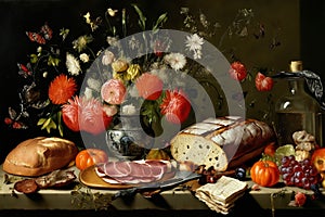 vanitas still-life flowers butterflies ham meat bread