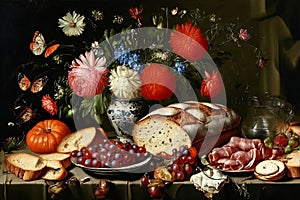 vanitas still-life flowers butterflies ham meat bread