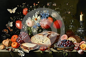 vanitas still-life flowers butterflies ham meat bread