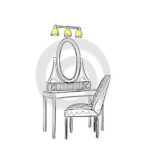 Vanity table and folding chair illustration.