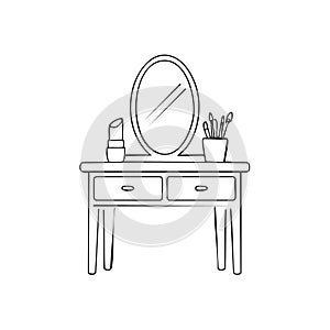 Vanity table with lipstick mirror and cosmetic brushes line art illustration