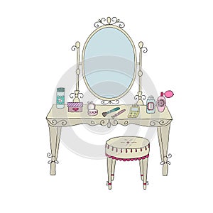 Vanity table with makeup and a chair.