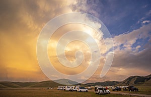 vanlife near Castelluccio village in National Park Monte Sibillini, Umbria region, Italy