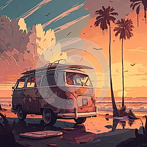 Vanlife, Sunrise, sandy parking lot, Van, surfboards, beach. Watercolor. ai generative