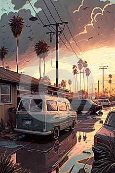 Vanlife, Sunrise, sandy parking lot, Van, surfboards, beach. Watercolor. ai generative