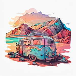 Vanlife, Sunrise, sandy parking lot, Van, surfboards, beach. Watercolor. ai generative