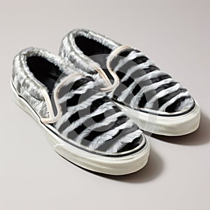 Black And White Zebra Slip-on Shoes With Furry Art Style photo