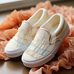 Vans Classic Slip-on Ruffle Champagne Pink - Hyperrealistic Details And Traditional Vietnamese Style