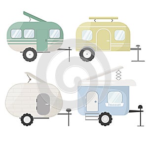 Vans and trailers vehicles set of travel caravans for camper.