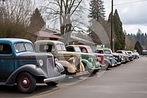 vans and trucks of the past parked in row, ready for a road trip