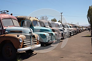 vans and trucks of the past parked in row, ready for a road trip