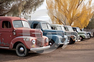 vans and trucks of the past parked in row, ready for a road trip