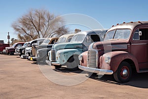 vans and trucks of the past parked in row, ready for a road trip