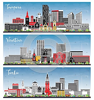 Vantaa, Turku and Tampere Finland city skyline set with color buildings and blue sky. Cityscape with landmarks