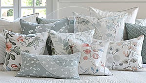 Vantage and modern bedding and sofa cushion designs on pastel background with copy space