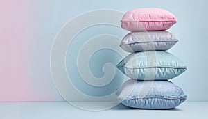 Vantage and modern decor styles for bedding and cushions on pastel background with copy space