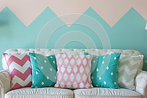 Vantage modern decor styles for bedding, cushions, pillows on pastel background with copy space