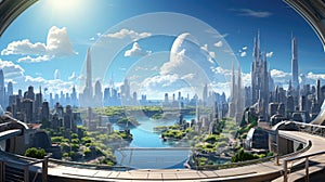 eco-friendly future city view from high bridge in sunny day with fish eye lens photo