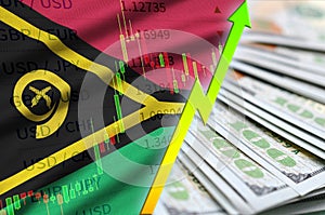 Vanuatu flag and chart growing US dollar position with a fan of dollar bills