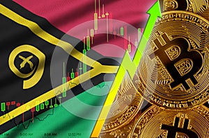 Vanuatu flag and cryptocurrency growing trend with many golden bitcoins