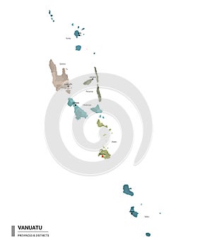 Vanuatu higt detailed map with subdivisions. Administrative map of Vanuatu with districts and cities name, colored by states and