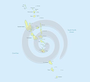 Vanuatu map detailed, islands and city with names, classic maps design