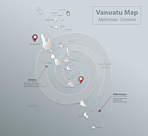 Vanuatu map, islands with names and city, blue white card paper 3D