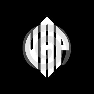 VAP circle letter logo design with circle and ellipse shape. VAP ellipse letters with typographic style. The three initials form a