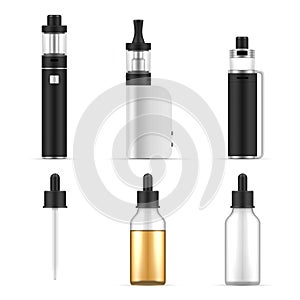 Vape accessories set realistic vector illustration. Vaping device electronic cigarette