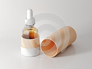 Vape bottle with liquid and cylindrical box package on white background