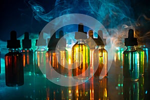 Vape concept. Smoke clouds and vape liquid bottles on dark background. Light effects. Useful as background or electronic cigarette