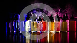 Vape concept. Smoke clouds and vape liquid bottles on dark background. Light effects. Useful as background or vape advertisement o