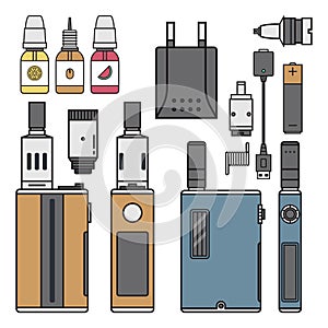 Vape device vector cigarette vaporizer vapor juice vape bottle flavor illustration battery coil electronic nicotine