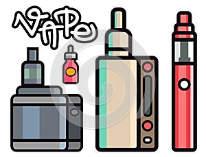 Vape device vector set cigarette vaporizer vapor juice bottle flavor illustration battery coil. photo