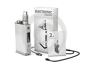 Vape Pen with box and charge cable. Electronic Cigarette, 3d Illustration, isolated white