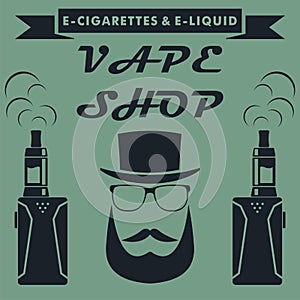 Vape shop emblem design with hipster. Vape e-cigarette logo. Vector illustration.