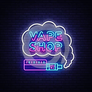 Vape Shop Logo Neon Vector. Vape neon sign design template on theme electronic cigarettes, light banner, night bright