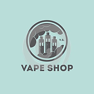 Vape shop logo. Vaporizer graphic emblem. Vaporizers as a factory with clouds.