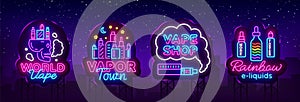 Vape shop neon sign collection vector. Vaping Store Logos set Emblem Neon, Its Vape Shop Concept Vapor Town, Rainbow E